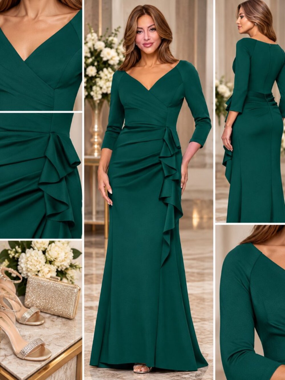 XSCAPE Hunter Green Size 10 3/4 Sleeve Ruffle Formal Evening Gown